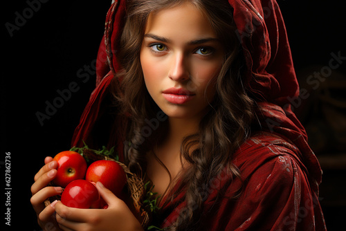 A beautiful long-haired woman in a loose red dress with a hood holds a small wicker basket with red apples.