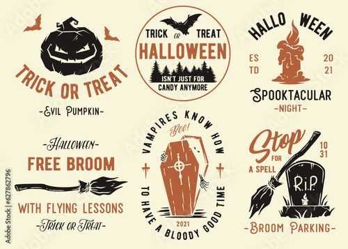 Halloween set of designs for the feast of the dead or Dia de los Muertos. Collection of emblems with ghost, crosses, coffin, spider and skeleton hand for Halloween party and mystery night