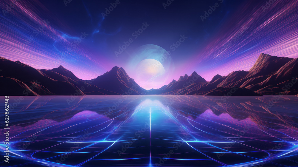 Mountains and a serene lake in a digitally created landscape