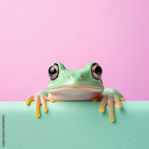 Greeting card, frog peeking, pastel background, copy space