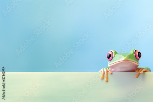 Greeting card, frog peeking, pastel background, copy space