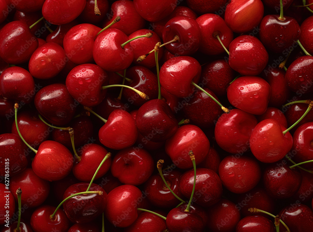 Cherry background. Wet cherry with drops. AI generated. Cherry background. Wet cherry with drops. AI generated.