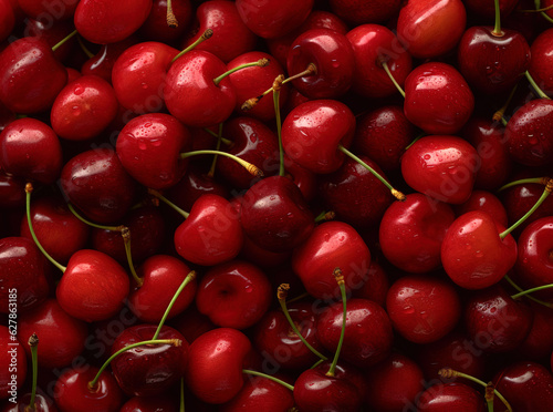 Cherry background. Wet cherry with drops. AI generated.