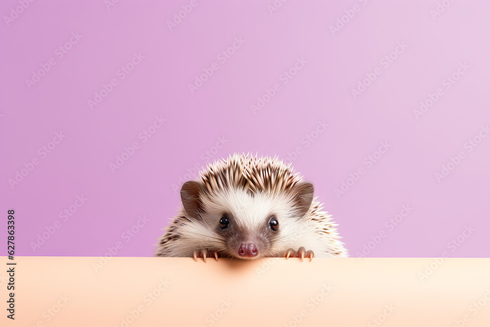 Greeting card, hedgehog peeking, pastel background, copy space