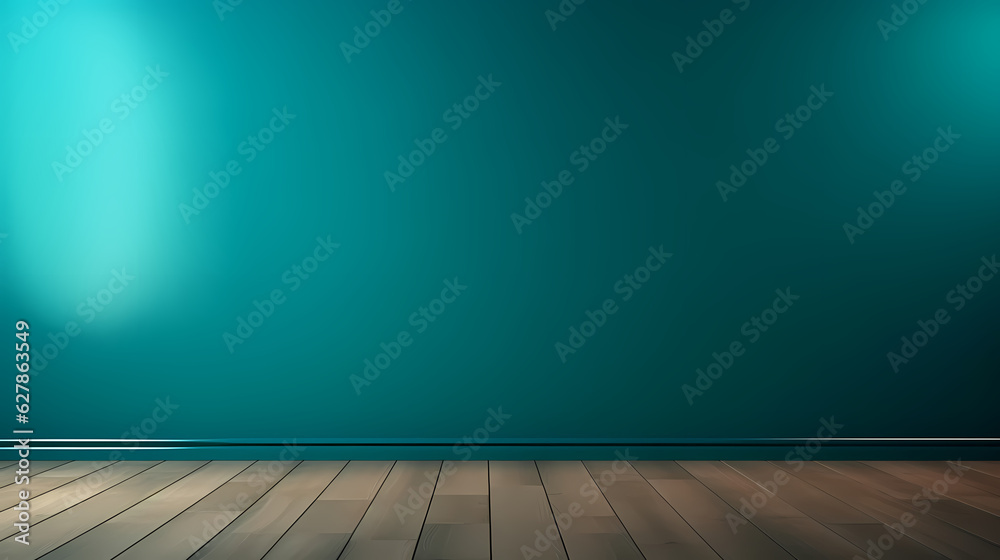 Interior background for the presentation. Blue turquoise empty wall and wooden floor with glare from the window
