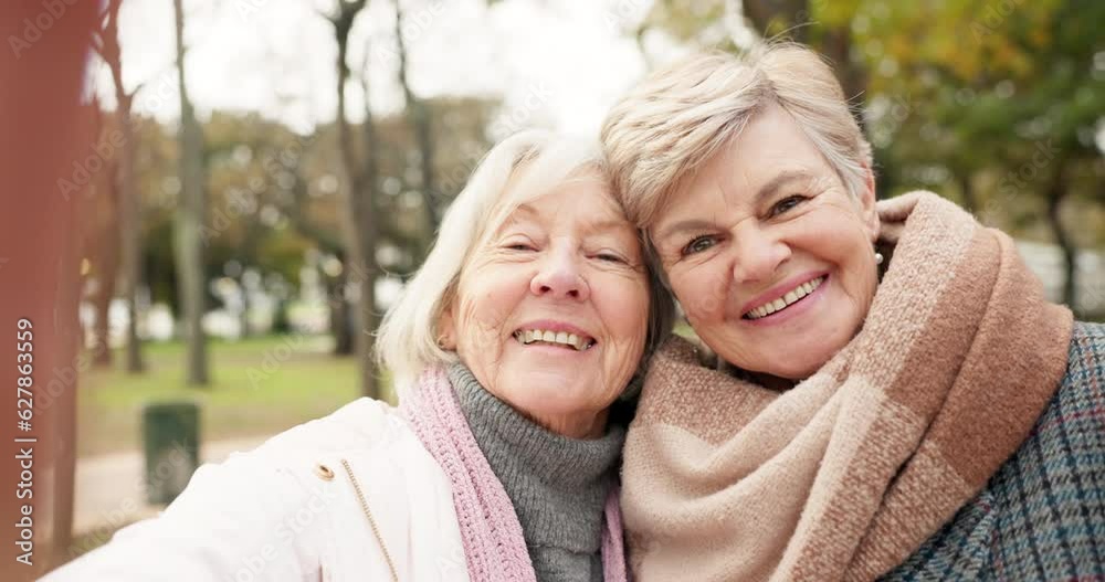 Smile, face and senior selfie with women in nature for a memory, video call or bonding in retirement. Happy, friends and portrait of elderly people taking a picture in a park for holiday or care Smile, face and senior selfie with women in nature for a memory, video call or bonding in retirement. Happy, friends and portrait of elderly people taking a picture in a park for holiday or care