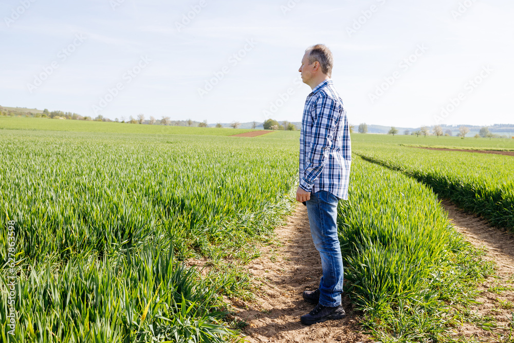 A man stands in a field and enjoys the silence, unity with nature. Male farmer stands in the harvest field
