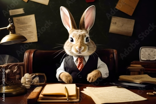 Cute Rabbit secretary posing at his workplace, Animal Professions, World Works
