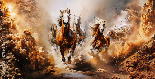 A herd of horses runs through a gorge lined with rocks, boulders and sand. Powerful, fast, dynamic, brown tones with dust and stone particles, panorama, web banner, generative AI