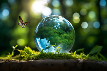 ESG green energy sustainable industry. World environment day concept.Globe Glass with butterfly. circular economy renewable energy . sustainable development goals.Environmental protection renewable
