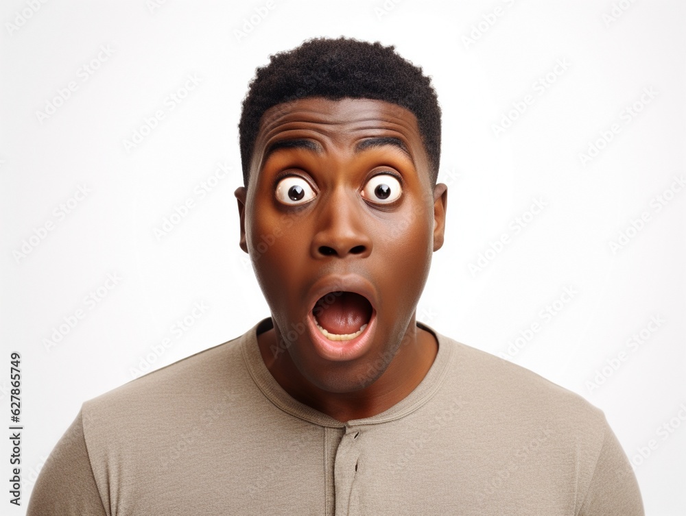 Portrait of young African American man with shocked and surprised facial expression face Portrait of young African American man with shocked and surprised facial expression face