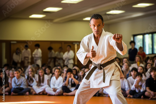 A karate demonstration in a dojo. a karateka in a white gi and black belt performing a kata