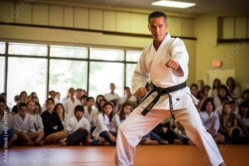 A karate demonstration in a dojo. a karateka in a white gi and black belt performing a kata