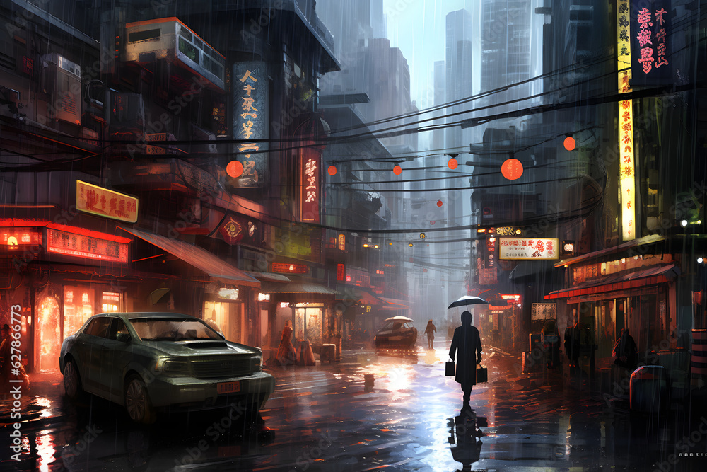 Cyberpunk Japan night city Generative AI illustration. A large futuristic city with a car on the street, visible skyscrapers far in the fog, eateries and neon light signs