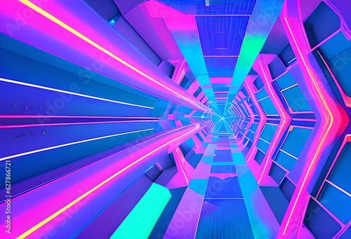 Futuristic neon laser light tunnel neon light abstract background,Generative AI