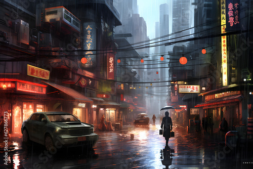 Cyberpunk Japan night city Generative AI illustration. A large futuristic city with a car on the street, visible skyscrapers far in the fog, eateries and neon light signs © Ayrum.Design