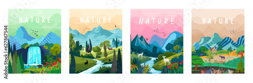 Nature and landscape. Vector illustration of mountains, trees, plants, fields and farms. For prints, cover or card designs, art decoration.