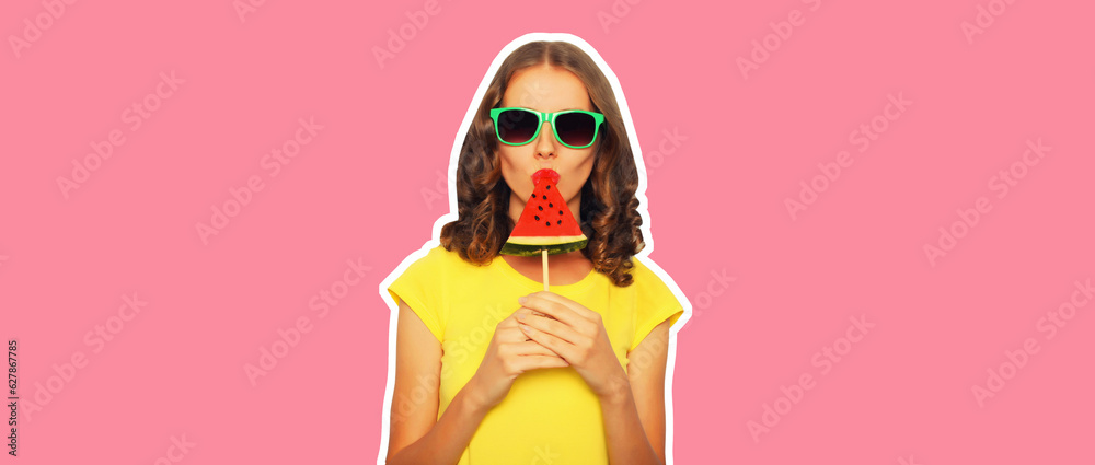 Summer portrait of happy young woman with fresh juicy fruits, girl eating lollipop or ice cream shaped slice of watermelon on pink background Summer portrait of happy young woman with fresh juicy fruits, girl eating lollipop or ice cream shaped slice of watermelon on pink background