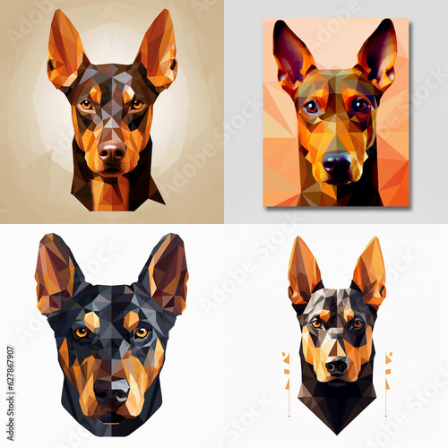 4 Geometric Illustrations of a Doberman PinscherDog, Head Only, isolated on a plain background.  photo