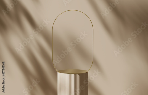 3D background, pedestal podium on natural palm leaf shadow. Pastel beige backdrop. Tropical product promotion Beauty cosmetics display. Nude Studio Minimal showcase . Tropical 3D render advertisement.
