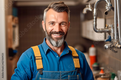 Proud and smiling plumber about to repair a faucet at kitchen