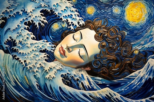 Sleeping Woman Under Starry Night Over Great Wave of Kanagawa - Created by Generative AI photo