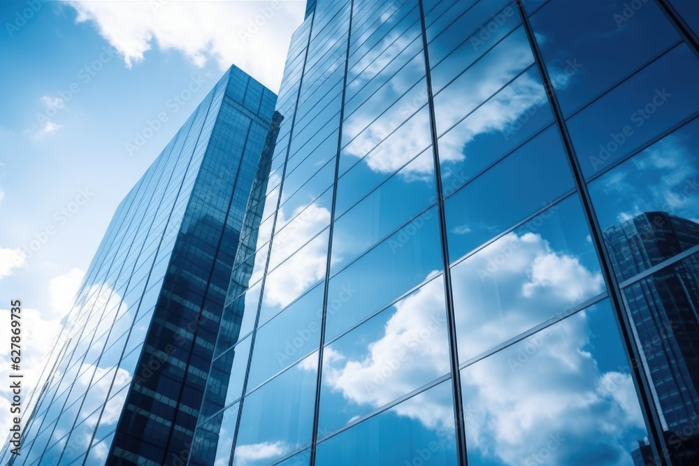 Reflective skyscrapers, business office buildings. Low angle photography of glass curtain wall details of high-rise buildings.The window glass reflects the blue sky and white clouds