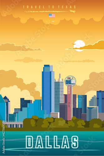 Dallas city sunset vintage poster vector illustration  Texas.