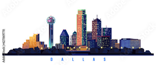 Dallas city night famous buildings vector illustration. state of Texas.	