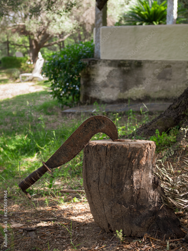 Vertical shot of a Sardinian axe on a tree stump in a countryside garden. Vertical shot of a Sardinian axe on a tree stump in a countryside garden.