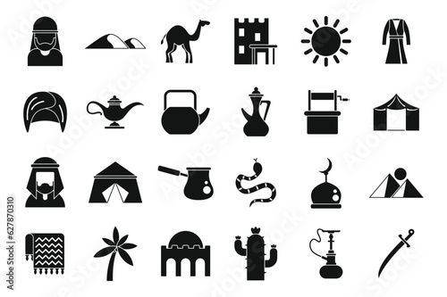 Bedouins icons set simple vector. Arab desert. Camel town