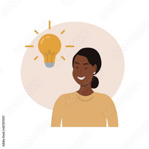 Young black woman and lamp bulb. In a flat style on the theme of inspiration with an idea. Vector illustration.