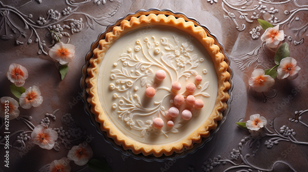 Delicate Custard Tart or Custard Pie in Cream and White Colors with Beautiful Flower Designs on Vintage Pastel Rococo Inspired Backdrop - Generative AI Delicate Custard Tart or Custard Pie in Cream and White Colors with Beautiful Flower Designs on Vintage Pastel Rococo Inspired Backdrop - Generative AI