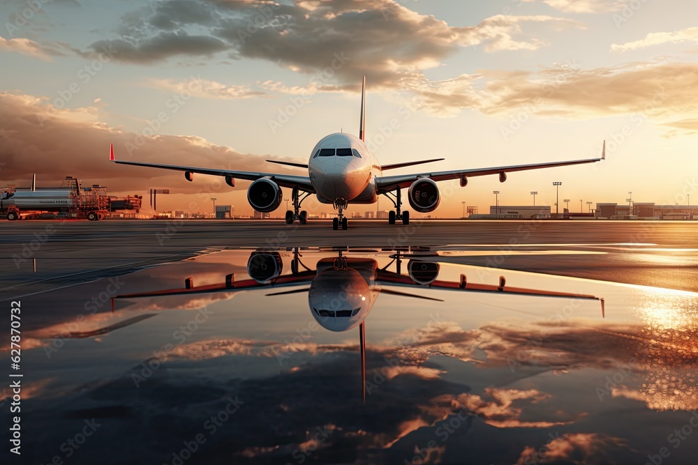 an aeroplane is sitting on the runway at sunset Generative AI an aeroplane is sitting on the runway at sunset Generative AI
