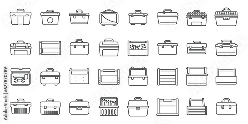 Toolbox icons set outline vector. Repair kit. Wooden safety