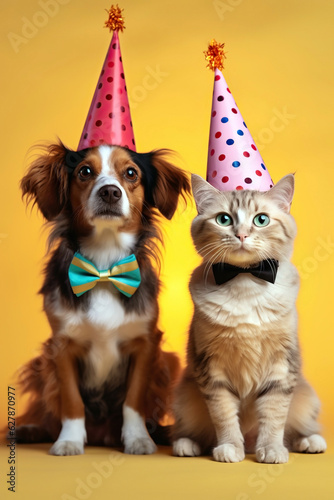 Whimsical cat and dog dressed in funny party attire, showcasing their charismatic personalities against a lively and colorful background, making for an enchanting visual experience.