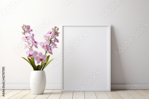 Mockup frame  Kitchen Mockup Frame on a Clean White Background with Orchid Accents. Generative AI