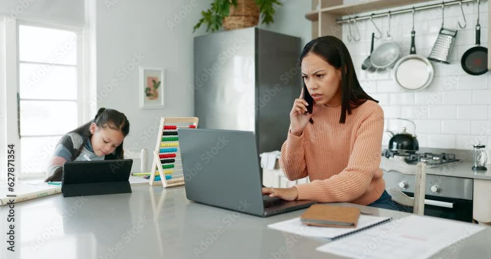 Laptop, phone call and woman with child for remote work, studying or online education in kitchen. Family, stress and busy mother working from home on computer and girl on tablet for internet learning Laptop, phone call and woman with child for remote work, studying or online education in kitchen. Family, stress and busy mother working from home on computer and girl on tablet for internet learning