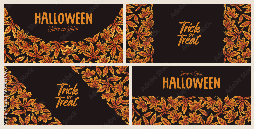 Set of Halloween backgrounds with autumn leaves or foliage for banners and postcards. October collection with season design backgrounds for halloween party and decoration of holiday market