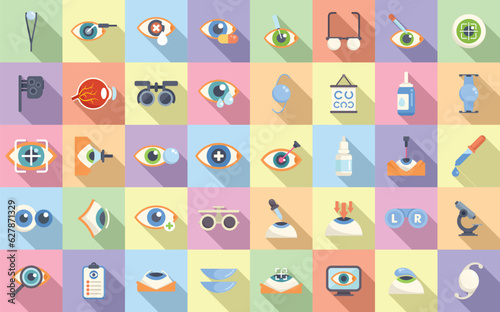 Laser vision correction icons set flat vector. Beam surgery. Cataract care