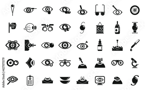 Laser vision correction icons set simple vector. Beam surgery. Cataract care