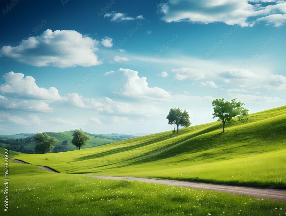 Green grass and rolling hills, beautiful landscape and blue sky