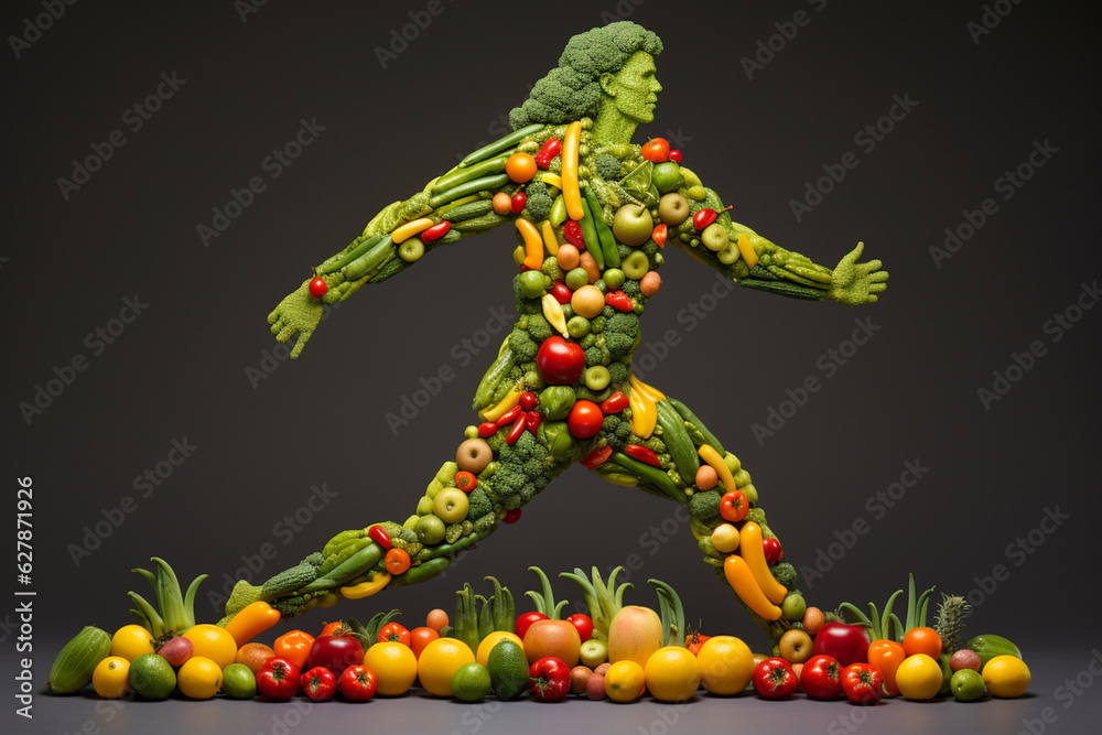 Running man made from fruit and vegetables. Concept on theme healthy lifestyle
