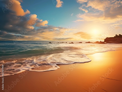 Sunset on a beautiful coastal beach shore with waves on the sand © Oren