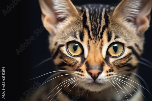 Portrait of a beautiful cat in close-up Macro photography on dark background. © Bnetto