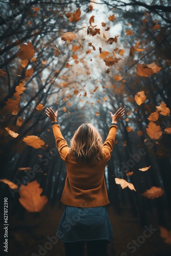 woman tossing leaves in to the air