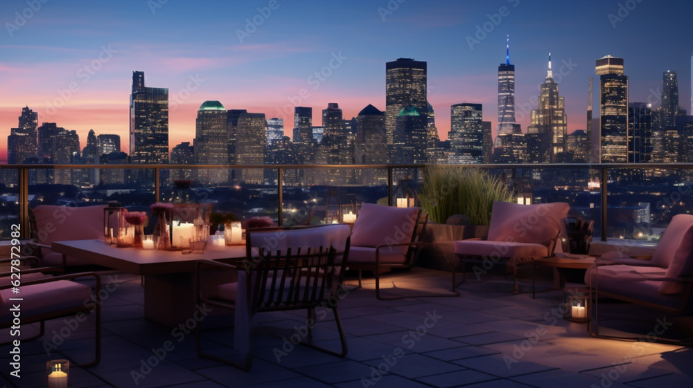 Obraz premium Rooftop patio with a city skyline at dusk. Luxury urban outdoor seating area with scenic view of skyscrapers at night
