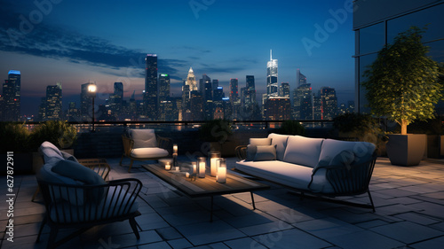 Rooftop patio with a city skyline at dusk. Luxury urban outdoor seating area with scenic view of skyscrapers at night