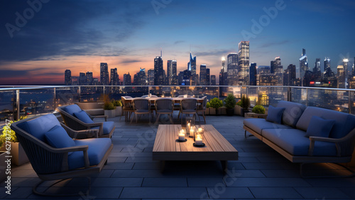 Rooftop patio with a city skyline at dusk. Luxury urban outdoor seating area with scenic view of skyscrapers at night