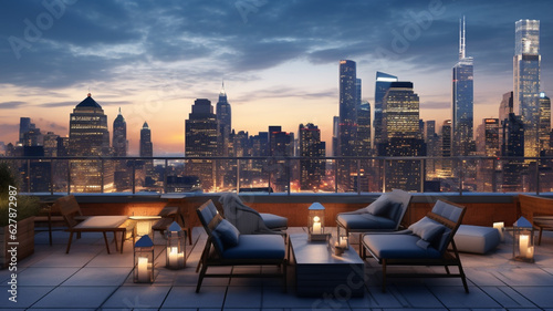 Rooftop patio with a city skyline at dusk. Luxury urban outdoor seating area with scenic view of skyscrapers at night